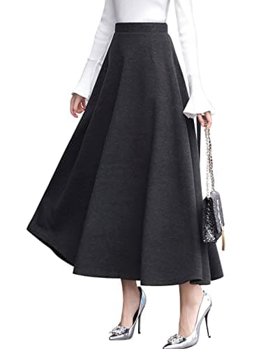 Vintage High Waist Wool Blend Plaid A-Line Maxi Skirt for Women — Pure Grey