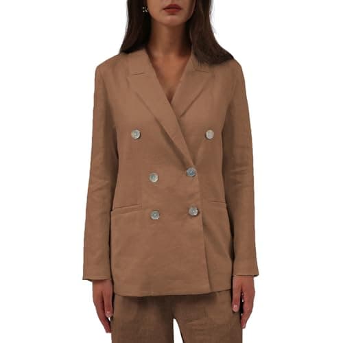 Amazhiyu Women's Pure Linen Double-Breasted Notched Long Sleeve Blazer with Pockets — Brown