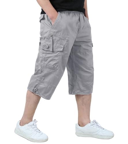 EKLENTSON Men's 3/4 Cargo Shorts with 7 Pockets — Light Gray