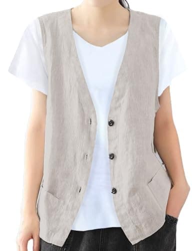 Women's Cotton Linen Vest Lightweight Jacket — Light Grey