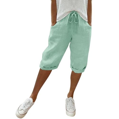 Cotton Linen Bermuda Shorts Elastic Waist Cargo Shorts — 016