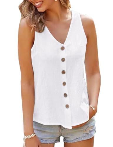 IDEALSANXUN Women's Linen V-Neck Tank Top Casual Shirt Blouse — White