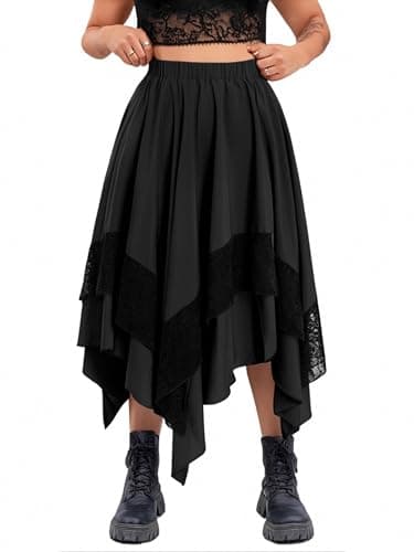 Verdusa Women's Y2K Contrast Lace Layered Midi Skirt — Dark Black