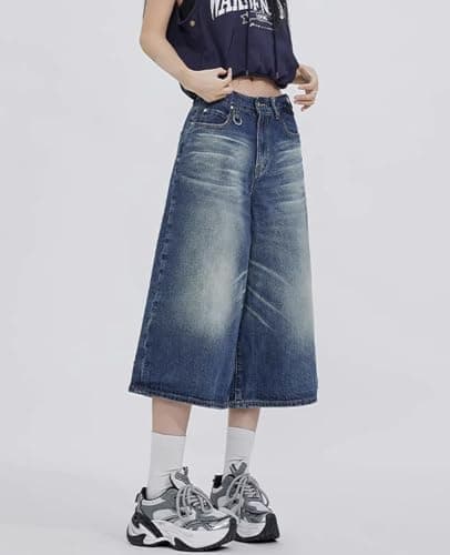 Chmnigma Wide Leg Low Waist Cropped Jeans for Men & Women Grunge Summer Denim Pants