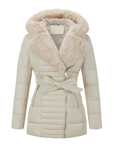 Bellivera Women's Winter Puffer Jacket with Removable Fur Collar — White With Hood