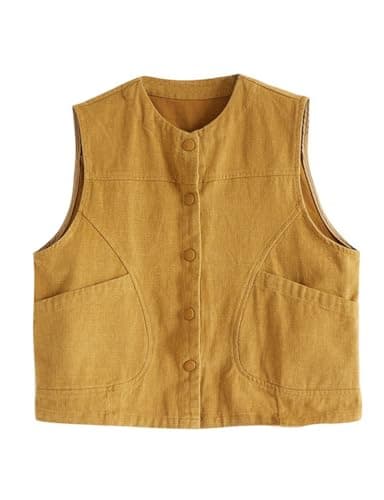 Womens Cotton Linen Vest Casual Button Down Sleeveless Spring Jackets