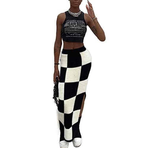 SHIPPOOOU Women High Waist Plaid Elastic Long Midi Skirt
