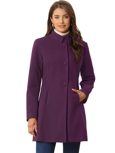 Allegra K Women's Mid-Long Winter Stand Collar Overcoat — Deep Purple