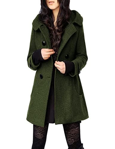 Tanming Women's Warm Double Breasted Wool Pea Coat with Hood — Army Green