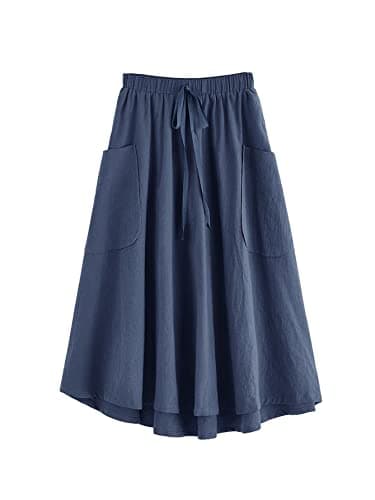 SweatyRocks Women's Casual High Waist Pleated Midi Skirt with Pocket — Deep Blue