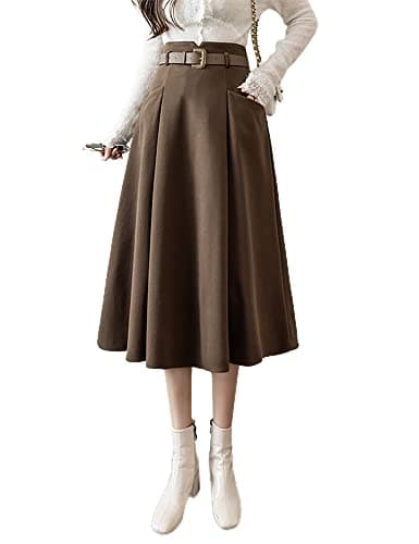IDEALSANXUN High Waisted Wool Midi Pleated Skirts for Women Fall Winter — Coffee