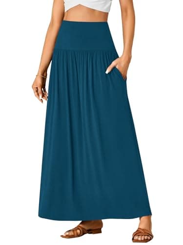 Vrtige Women's High-Waist Flowy A-Line Maxi Skirt with Pockets — Teal