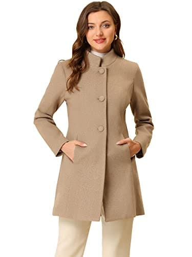 Allegra K Women's Mid-Long Winter Stand Collar Overcoat — Light Brown