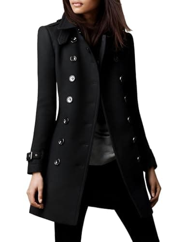 Women's Double Breasted Wool Pea Coat for Fall/Winter Fashion — Black