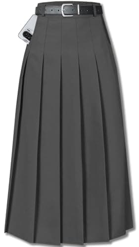 Sangtree Girls A-Line Pleated High Waist Fashion Skirt — Long # Dark Grey Pocket