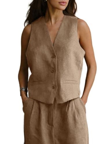 IdealSANXUN Women's Linen Summer Sleeveless Blazer Vest Top — Khaki