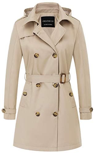 CREATMO Women's Classic Double-Breasted Trench Coat with Detachable Hood — Khaki