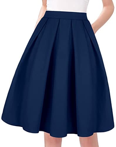 Tandisk Women's Vintage Printed Flared Midi Skirt with Pockets — Navy Blue