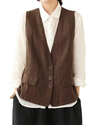 IDEALSANXUN Lightweight Cotton Linen Vest for Women Spring SummerWAISTCOAT — Coffee