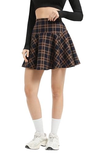 Urban CoCo Women's Vintage Elastic Waist Plaid Flared Mini Skirt — Navy Blue