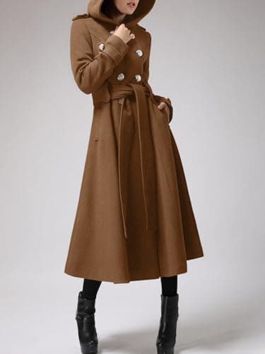 Cicy Bell Women's Winter Warm Long Double-Breasted Hooded Wool Trench Coat with Belts