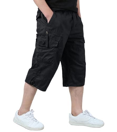 EKLENTSON Men's 3/4 Cargo Shorts with 7 Pockets — Black