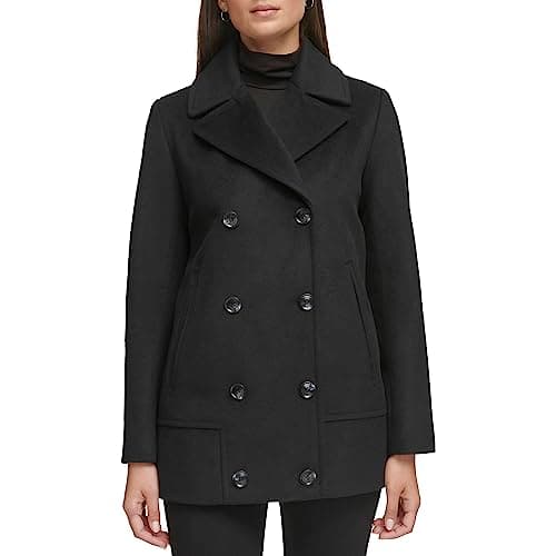 Kenneth Cole Women's Double Breast Wool Coat with Notch Collar Button Details