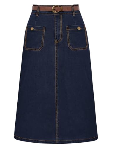High Waisted Denim Skirt with Belt for Women — Dark Denim Blue
