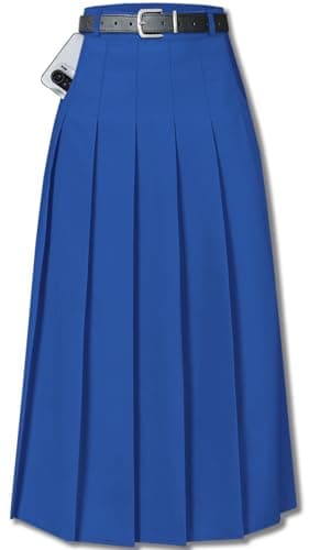 Cromoncent Womens High Waist Pleated Long Skirt with Pockets — Blue