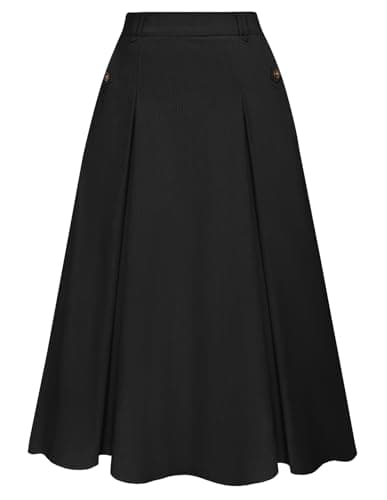 Vintage Corduroy A-line Midi Skirt for Women with Elastic Waist and Pockets — Black