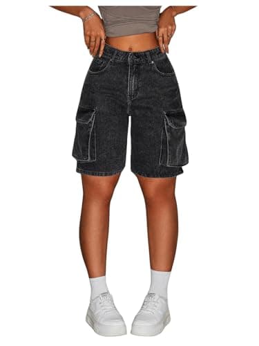 MakeMeChic Women's Low Waist Denim Cargo Bermuda Shorts