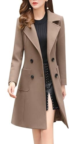 Elegant Women's Notched Collar Wool Blend Overcoat — Khaki