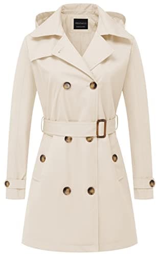 CREATMO Women's Classic Double-Breasted Trench Coat with Detachable Hood — White
