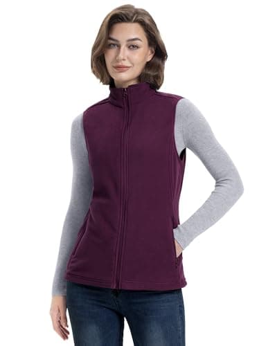 Women's Lightweight Warm Polar Fleece Vest with Zip Pockets for Winter — Wine