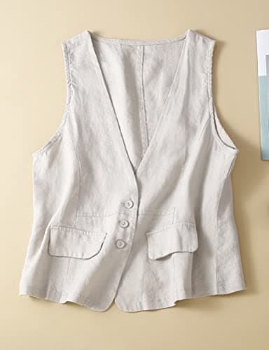 Womens Sleeveless Cotton Linen Vest V Neck Cardigan Jacket