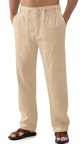 Janmid Men's Casual Linen Pants Elastic Waist Drawstring Yoga Beach trousers — Dark Khaki