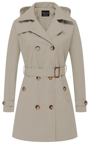 CREATMO Women's Classic Double-Breasted Trench Coat with Detachable Hood — Apricot