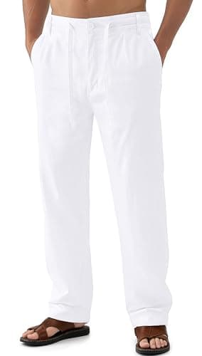 Janmid Men's Casual Linen Pants Elastic Waist Drawstring Yoga Beach trousers — White
