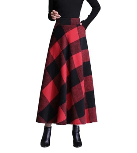 Vintage Wool Plaid Skirt for Women Fall Winter — Red 2