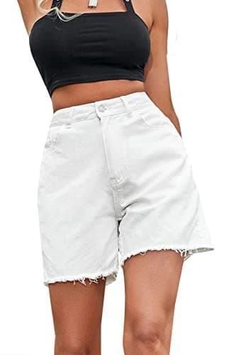 GOLDPKF Women's Mid-Waist Frayed Stretch Denim Shorts — C-white