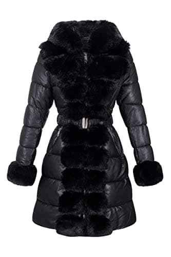 RISISSIDA Women's Warm Puffer Coat with Long Fur Collar Cold-Resistant — Black-leather Outer-with Detachable Belt