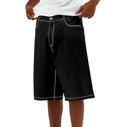 Winioder Men's Casual Baggy Jeans Shorts Wide Leg Denim Jorts — Black