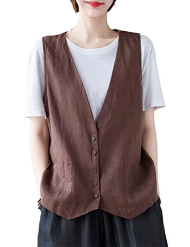Zontroldy Women's Cotton Linen Vest with Pockets — 02 Coffee