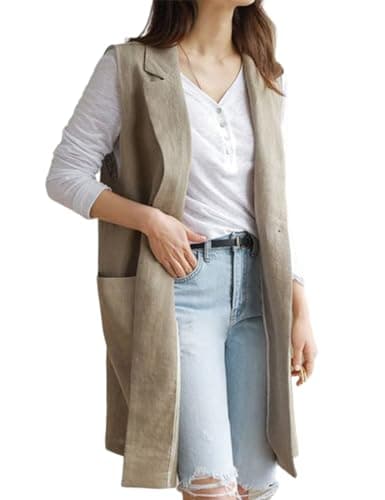 Womens Linen Sleeveless Blazer Jacket — Khaki
