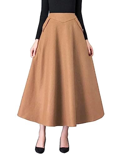 Women's High Waisted Wool Plaid A-line Skirt for Fall/Winter — Pure Khaki