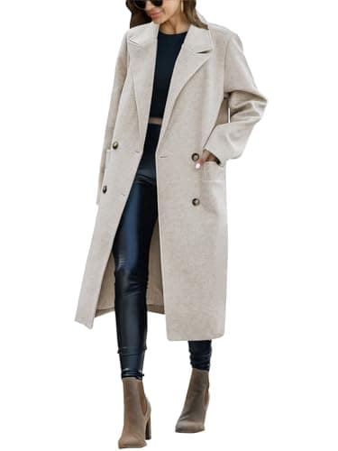 Saodimallsu Women's Trench Coat Winter Long Pea Coat Casual Office Overcoat with Pockets — Beige