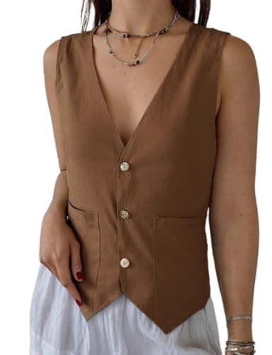 IDEALSANXUN Women's Linen Vest Lightweight Blazer Cardigan Summer Top — Coffee