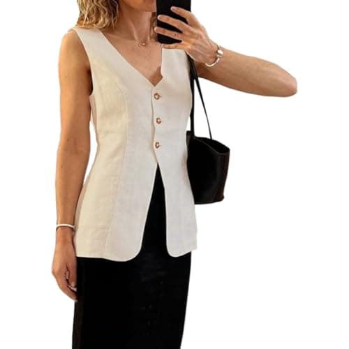 Melliflo Women's Summer Linen V-Neck Button Down Sleeveless Vest with Pocket — Beige