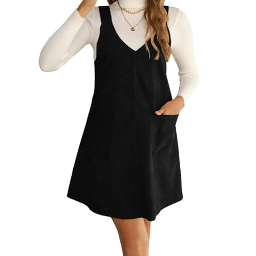 Women's Casual Corduroy Tunic Dress with Pockets — Black