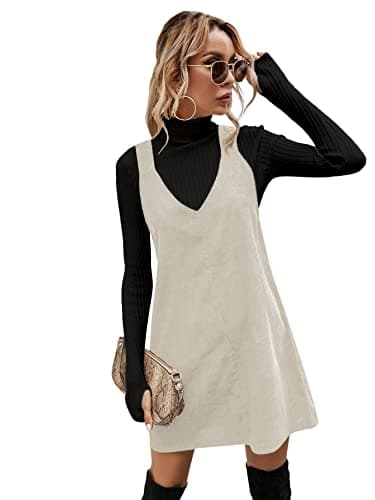 Floerns Women's Casual V-Neck A-Line Corduroy Pinafore Dress — Apricot